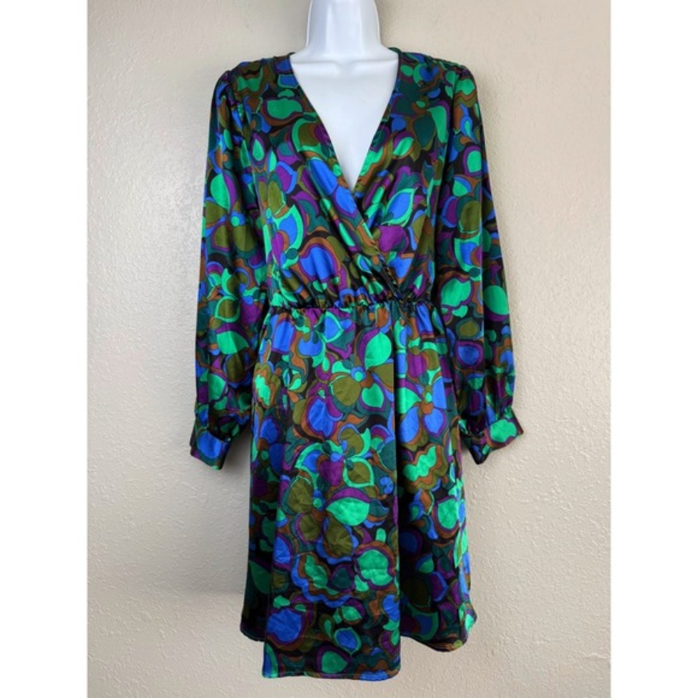 Emma & Michele Green Blue abstract Floral satin Dress back tie long sleeve M